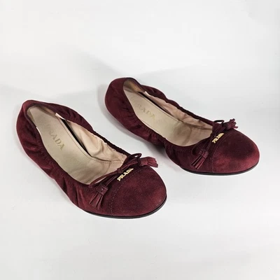 Prada Suede Ballet Flats Womens 8 38 Burgundy  Gold Bow Tassel Travel Leather  - Image 1 of 4