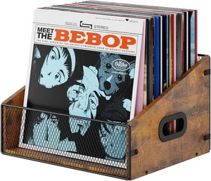 Vinyl Record Storage Holder, Trapezoidal LP Vinyl Record Crate with Handle, Wood - Bild 1 von 2