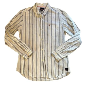 Quiksilver Button Up Striped Shirt Mens M Long Sleeve White Gray Surf Skate - Picture 1 of 10