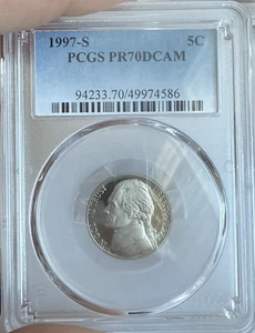 1997-S Jefferson PCGS PR70 DCAM 5c ~ Perfectly Graded ~ NFC Chipped ~ Light Tone - Picture 1 of 6
