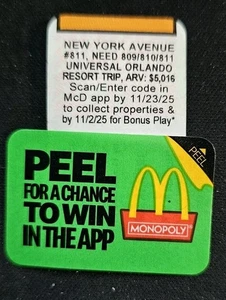 McDonald's Monopoly 2025 pezzo di gioco non riscattato #811 New York Ave - Foto 1 di 1