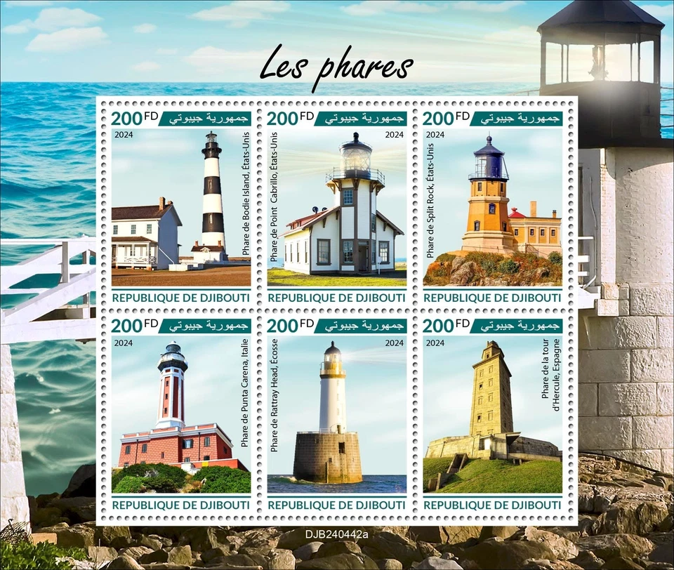 Lighthouses USA Italy Scotland Spain MNH Stamps 2024 Djibouti M/S - Image 1 of 1