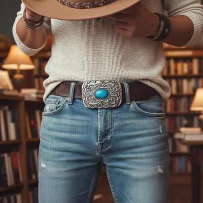 Uomo/Donna Antico Metallo Argento Stile Etnico Cintura Fibbia Turchese, - Immagine 1 di 4