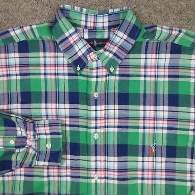 Camisa masculina Ralph Lauren XLT verde madras xadrez carne pônei Oxford logotipo botão para cima - Imagem 1 de 4