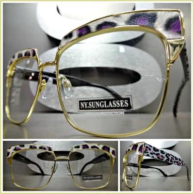CLÁSICO VINTAGE RETRO OJO DE GATO Estilo Lente Transparente Gafas Marco Dorado y Leopardo Foto 1 de 4