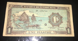 French Indo - China ,Banque de L,Indochine 1 Piastre (1942-45) RARE BLUE . Used - Picture 1 of 2