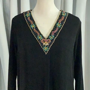 Slinky Brand Top Womens Small Black Beaded V Neck Travel Liquid Knit Tunic Boho - Picture 1 of 12