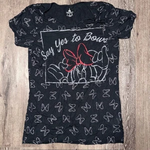 Disney Parks Minnie Mouse Size L Shirt Say Yes To Bows Black Silver Glitter Bows - Picture 1 of 4