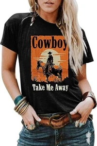 Cowboy Take Me Away Shirts for Women Western Vintage Graphic T-Shirt Casual Rode - Picture 1 of 6