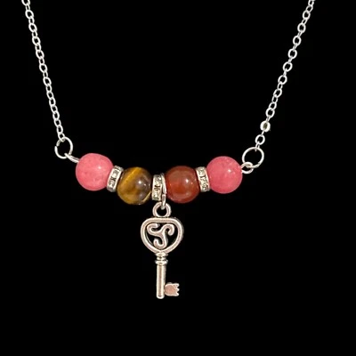 宝石条项链老虎眼粉红色玉髓串珠银色链 16 — 第 1/4 张图片