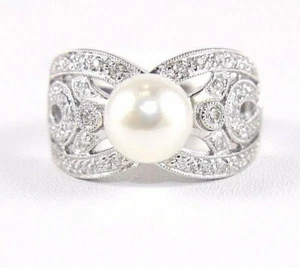 Natural Freshwater Pearl & Diamond Solitaire Ring Band 14k White Gold 9mm .33Ct - Picture 1 of 7