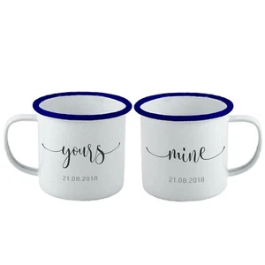 Personalised Yours And Mine Enamel Mug Set of 2, Retro, Metal Mug, Rustic - Picture 1 of 8