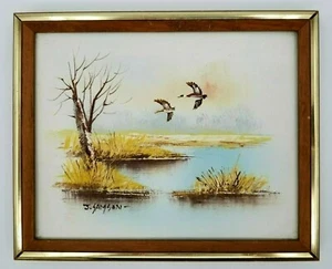 Vtg Oil Painting by J. Samson Framed Art Signed Ducks Flying Over Water Mallards - Picture 1 of 5