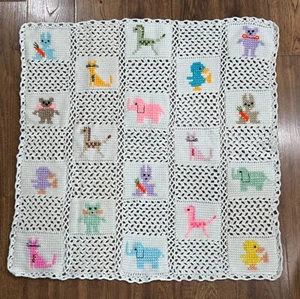 Crochet Baby Blanket Afghan Handmade 38x39 Animal Squares Pastels Nursery Decor - Picture 1 of 6