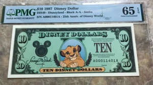 Dólar Simba Disney 1997 billete de 10 USD 25th Ann PMG 65 raro como nuevo Uncirc A00011401A - Imagen 1 de 2