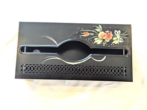 Vintage Decoupage Black Metal Tissue Kleenex Box Holder Pink Floral Wall Mount - Picture 1 of 11