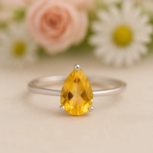 925 Anillo Plata de Ley Natural Citrino Corte Pera Minimalista Mujeres Sizeall - Imagen 1 de 12