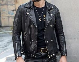 Black New Men Motorcycle Lambskin Leather Jacket Coat Size XS S M L XL
