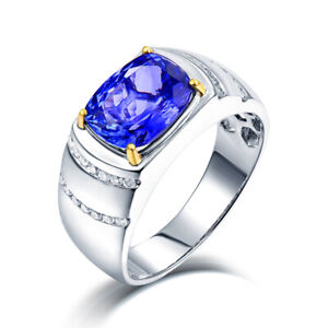 Generous! Solid 14K White Gold Engagement Blue Tanzanite & Diamond Wedding Ring