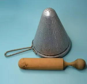 Vintage Sieve Cone Shaped Strainer Colander  & wood Masher - Picture 1 of 2