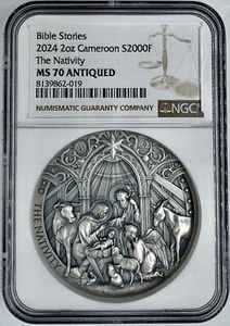 2024 Nativity Bible Stories 2 Oz Antiqued Silver NGC 70 Cameroon High Relief - Picture 1 of 2
