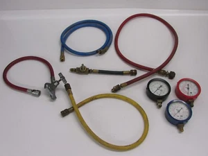 ASSORTED AIR CONDITIONING TOOLS: GAUGES, HOSES, CAN TAP - Picture 1 of 7