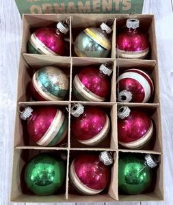 12 adornos navideños vintage brillantes Brite a rayas 1,75" caja original - Imagen 1 de 19