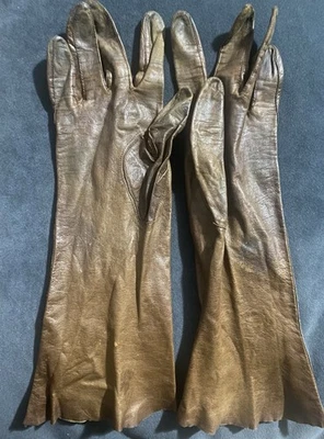 Vintage Soft Brown Thin Leather 15" Women Long Gloves - Image 1 of 4