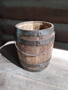 Antique Primitive Small Oak Staved Wood Keg Barrel Bucket Iron Bands Bale Handle - Picture 1 of 10