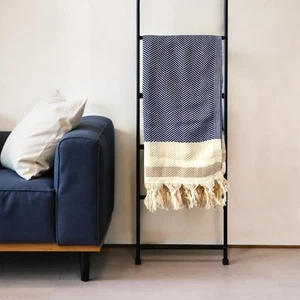 59" X 71" Blue and Beige Cotton Striped Throw Blanket with Tassels - Picture 1 of 7
