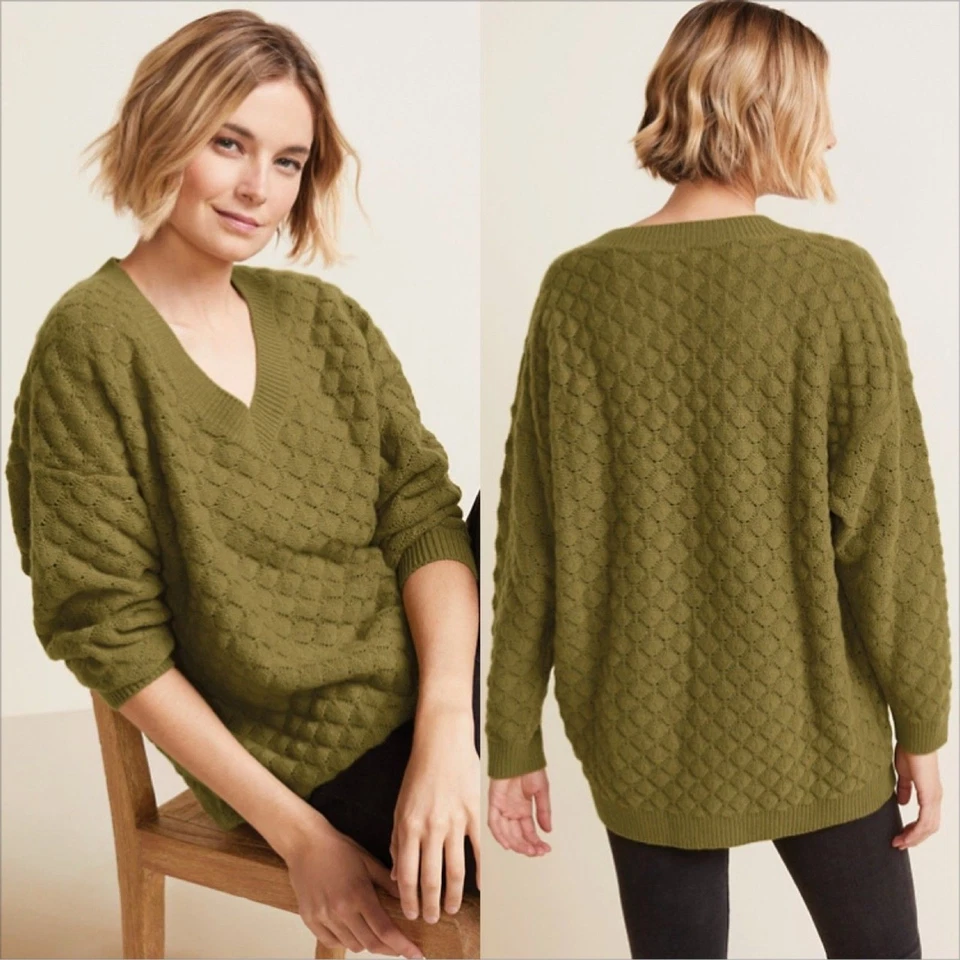 Garnet Hill Oversized Cashmere Cocoon Sweater Size Medium V-Neck Green - Image 1 of 4
