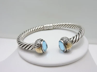 Vtg Signed DS 925 Sterling Silver 18k Gold Twisted Cuff Bracelet Topaz - Image 1 of 4