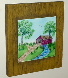 COPPER ENAMEL PAINTING COVERED BRIDGE FISHERMAN COUNTRY LANDSCAPE FOLK ART - Picture 1 of 4