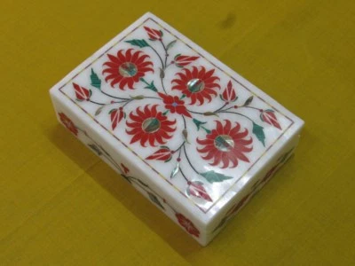 Marble Jewelry Box Pietra Dura Semi Precious Carnelian Handmade Home Decor Gift - Image 1 of 3