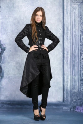 Robe Gothique Victorienne Steampunk Noir Avec Veste Dovetail Damask JW091 - Photo 1/4