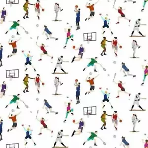 BTHY Indoor Sports Basketball Tennis Digital White Cotton Fabric By 1/2 Yard - Picture 1 of 1