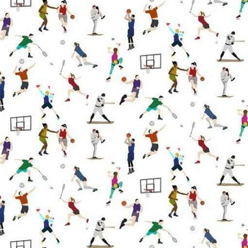 BTHY Indoor Sports Basketball Tennis Digital White Cotton Fabric By 1/2 Yard - Image 1 of 1