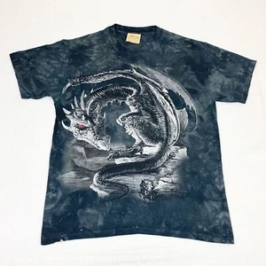 Vintage Y2K Dragon Knight Tie Dye T-Shirt Large Black Grey Renaissance - Bild 1 von 7