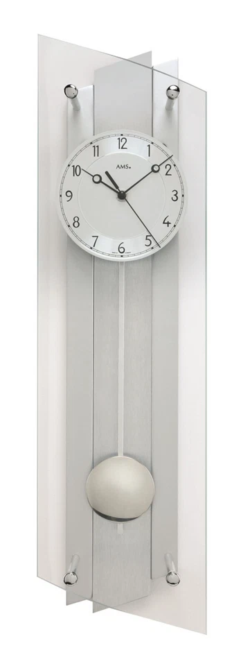 AMS 5261 Wanduhr Funk mit Pendel Funkwanduhr Pendeluhr mit Glas silber Aluminium - Bild 1 von 1