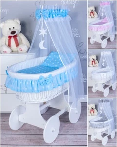 LARGE SWEET DREAMS NEW WICKER MOSES BASKET WITH BEDDING SET AND STAND- 7 COLOURS - Picture 1 of 12