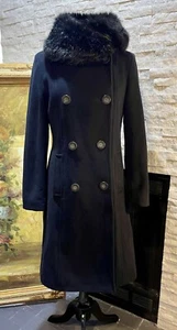 Perry Ellis Wool Coat Double Button Faux Fur High Collar Size 6 Made In Ukraine - Picture 1 of 13