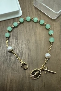 Brazalete Rosario Gemas Jade Verde Chapado en Oro 7" - Imagen 1 de 6