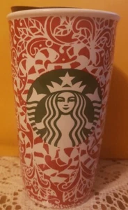 Starbucks Coffee Travel Mug Green Siren Logo on Red & White Candy Canes w/Lid - Picture 1 of 8