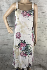 Bohemian Style Midi Sundress Medium Semi-Sheer White Pink Blue Tan Floral Dress - Picture 1 of 12
