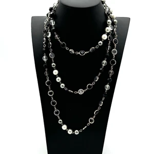 Premier Designs Station Necklace Silver Tone Black White Gray Clear Beads 60" - Picture 1 of 13