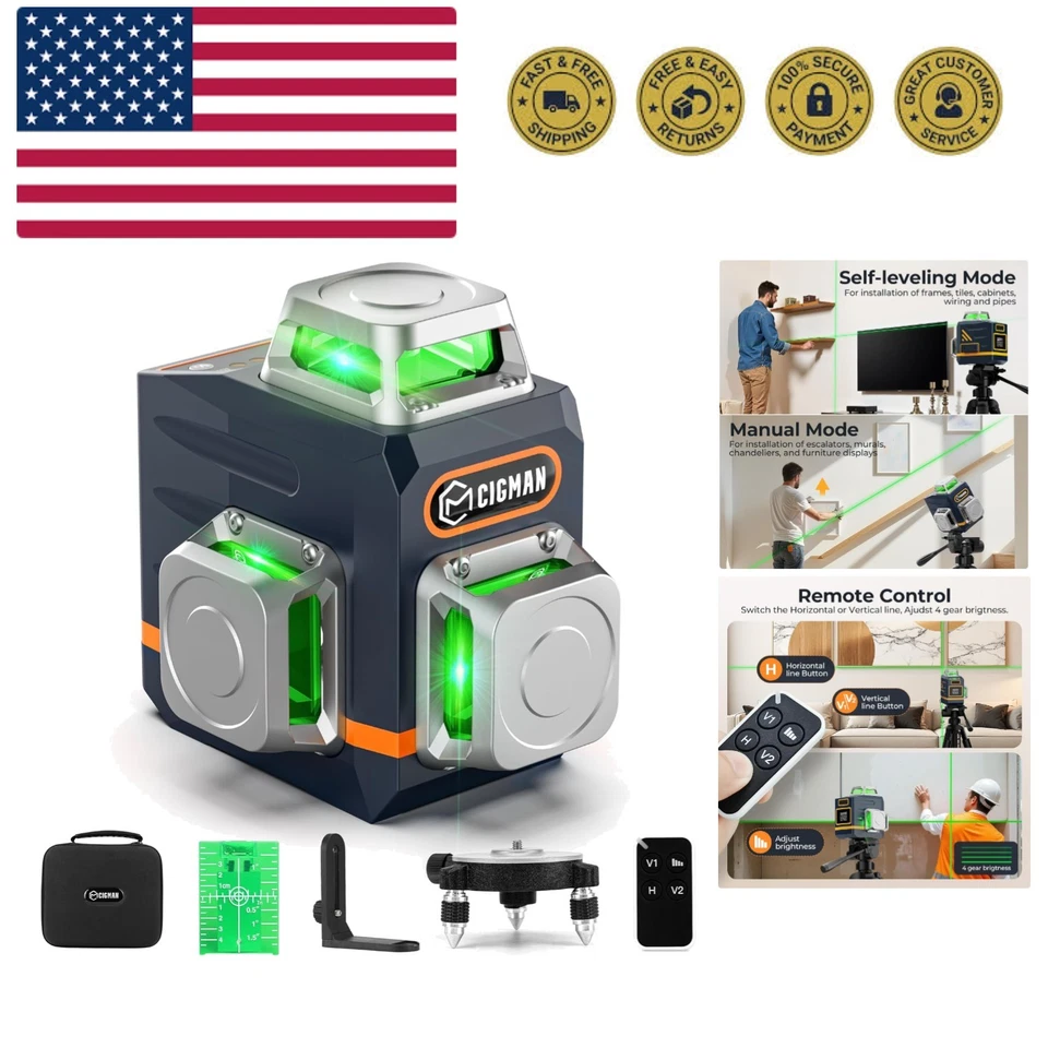 CIGMAN CM-701 3x360° Self-leveling Laser Level with 3D Green Cross Line Open Box
