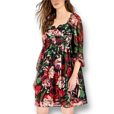 New Tahari ASL Black Red Floral Chiffon Mini Dress Cottagecore Womens Size 12 - Image 1 of 4