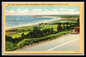 VISTA MIRANDO AL NOROESTE DESDE REDWOOD HIGHWAY, CRESCENT CITY, CA Antigua Postal G12 - Imagen 1 de 2