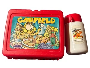 Porta pranzo vintage Garfield il gatto con cibo 1978 in plastica rossa con thermos - Foto 1 di 9