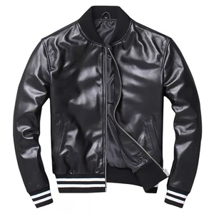 Men's Black Sheepskin Baseball Leather Bomber Jacket | Lightweight Varsity St - Picture 1 of 3